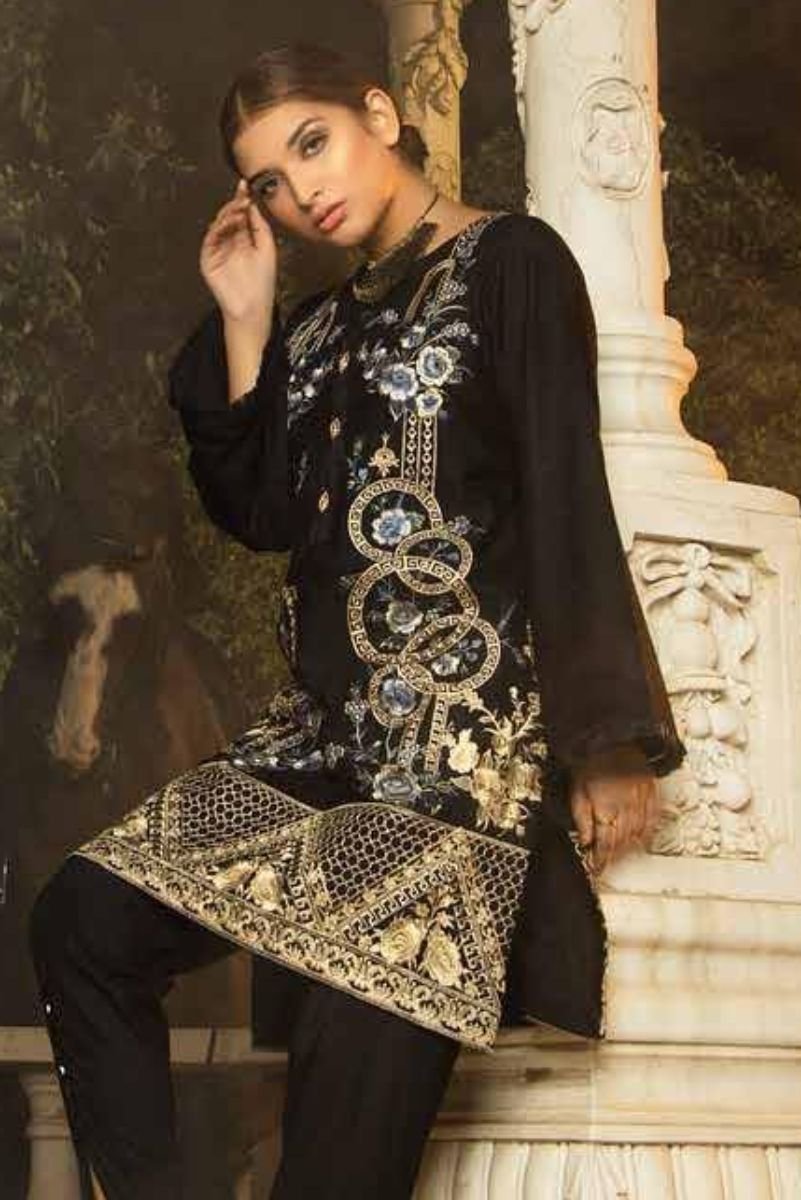 Adan Libas Muzayyan Full Embroidered Jacquard Lawn Black Kurti Collection 08