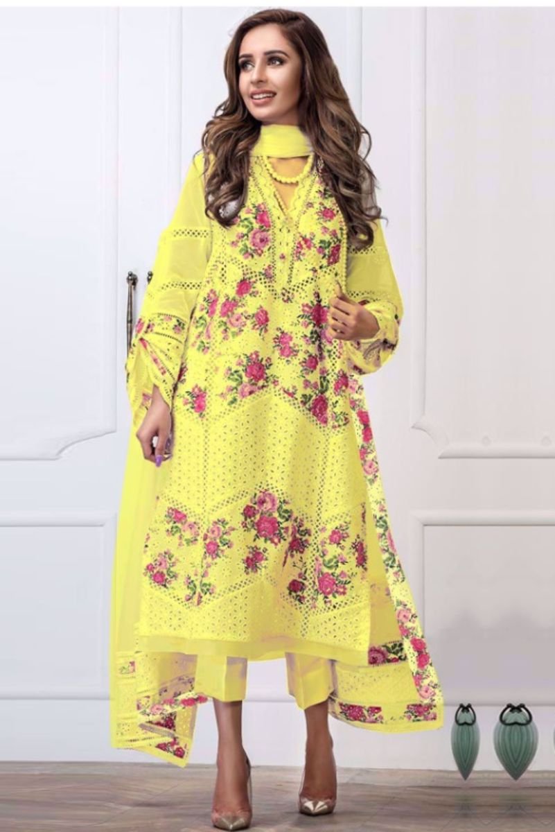 Charizma Designer Yellow White Colour Edition Cambric Cotton With Embroidery & Fancy Boring Work Salwar suit 2001