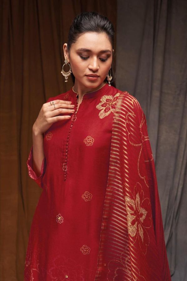 Ganga Fashions Lara Red S1782 Russian Silk Printed Unstitched Suit