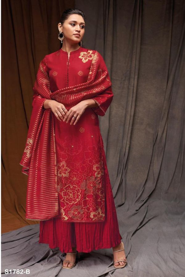Ganga Fashions Lara Red S1782 Russian Silk Printed Unstitched Suits