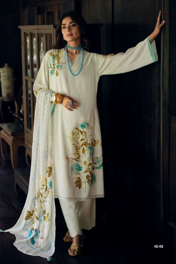 Varsha Fashion Ivory Gold Muslin Ladies Salwar Suit IG-02