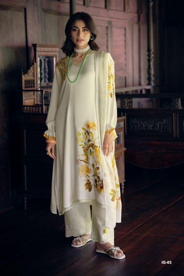 Varsha Fashion Ivory Gold Muslin Ladies Salwar Suit IG-03