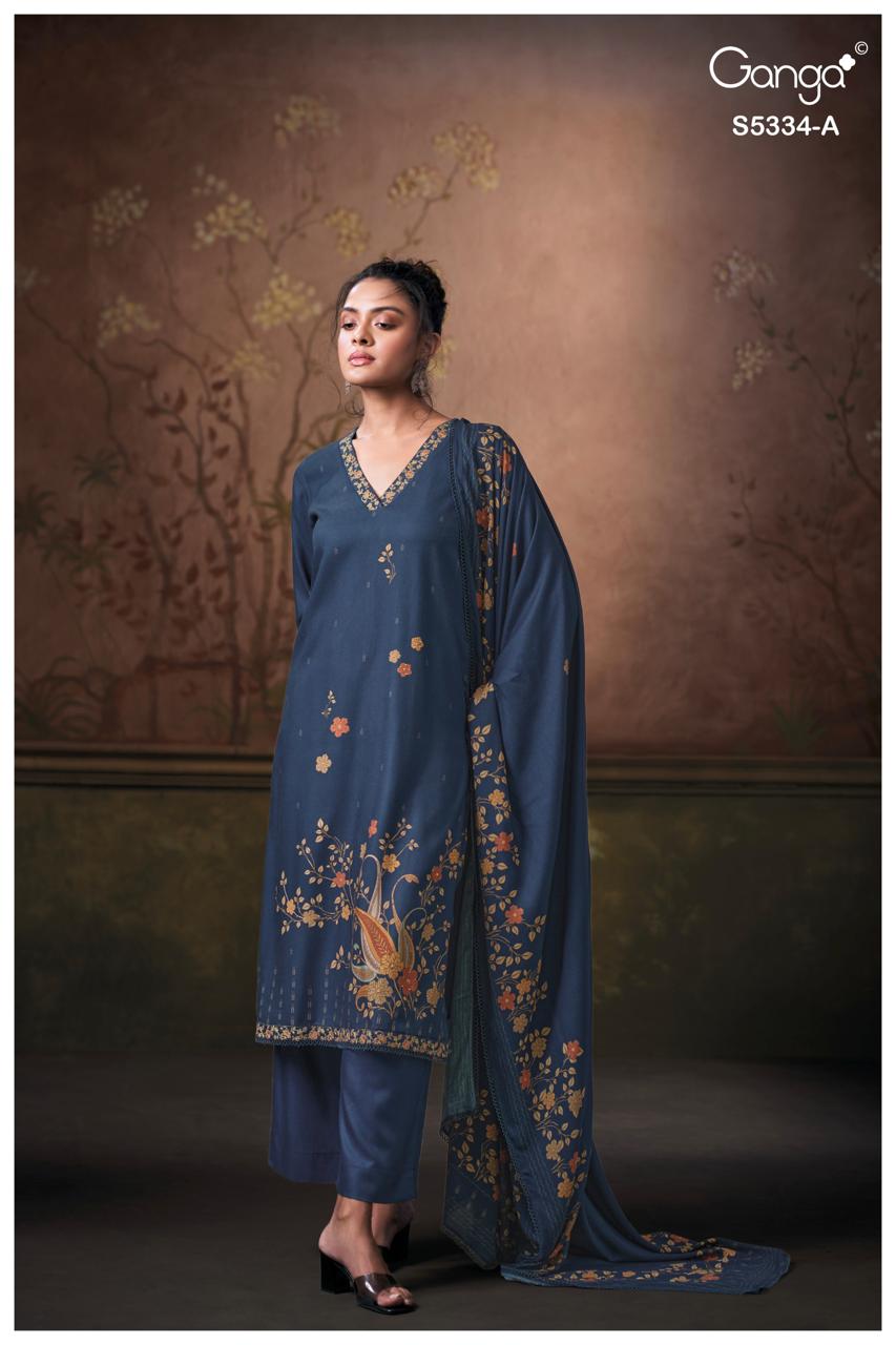 Ganga Fashion Gavira S5334 Premium Pure Wool Pashmina Suit S5334-A