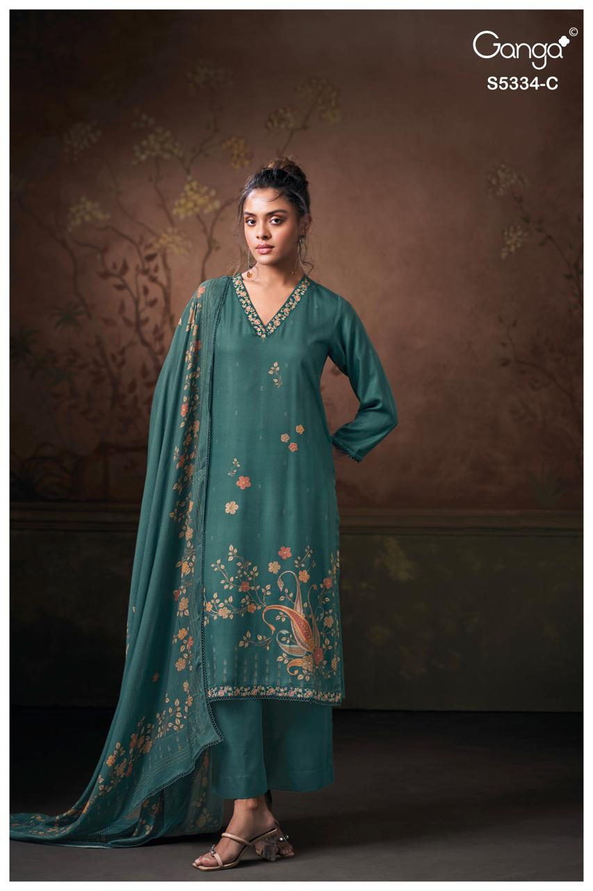 Ganga Fashion Gavira S5334 Premium Pure Wool Pashmina Suit S5334-C