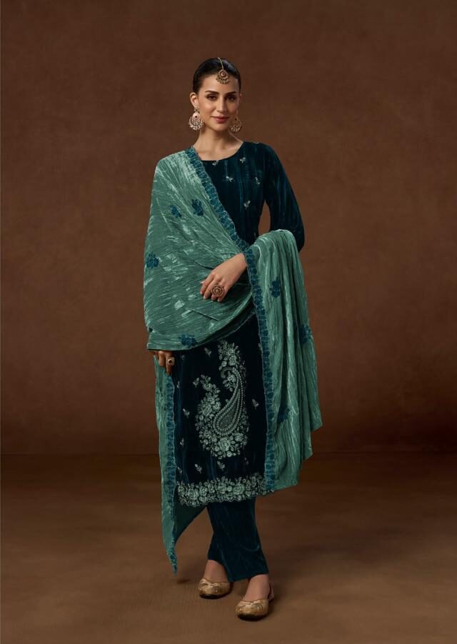 Kesar Karachi Jenisha Premium Crush Velvet Suit 140001-C