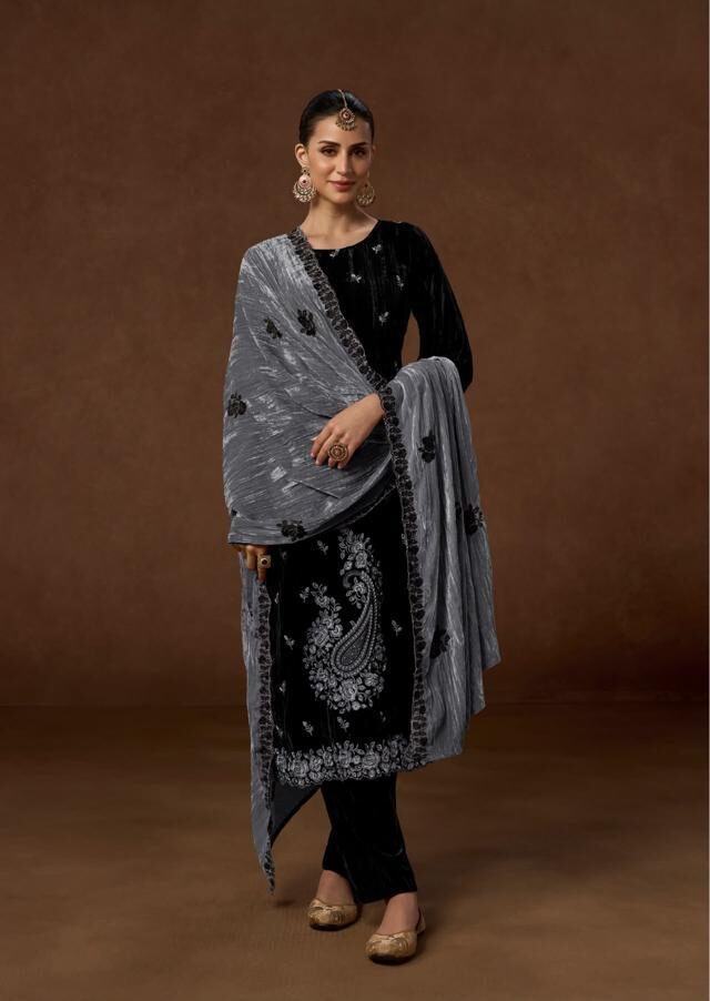 Kesar Karachi Jenisha Premium Crush Velvet Suit 140001-D