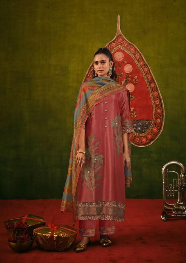 Jay Vijay Prints Gul Mohr 3 Pure Tissue Jacquard Suit 11704